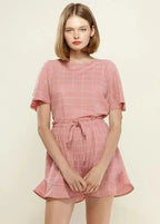 Women's Grid Print Crew Neck Blouse in Pink | Femstylo - SJB-DIAMOND ELITES