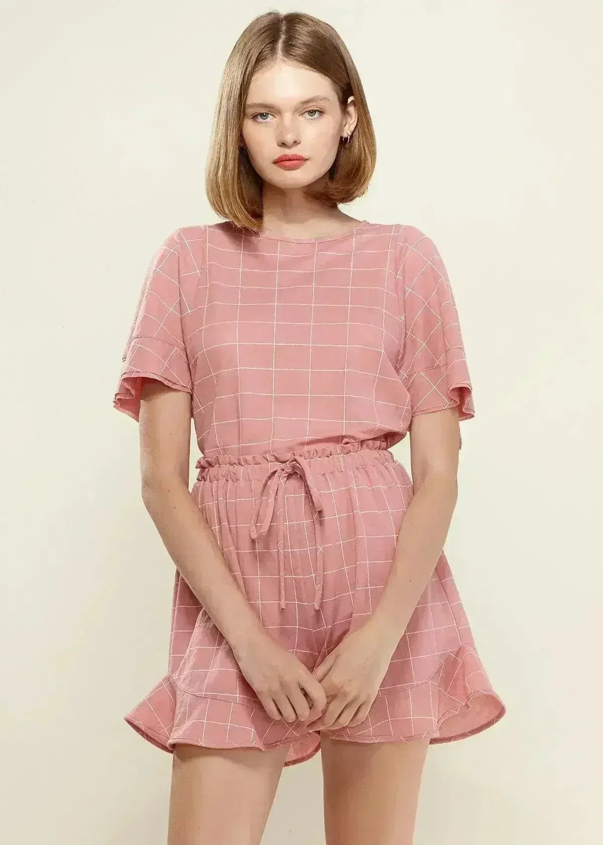 Women's Grid Print Crew Neck Blouse in Pink | Femstylo - SJB-DIAMOND ELITES