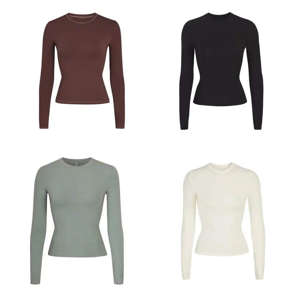 Solid Color Women's Long Sleeve Tight T-shirt High Quality Cotton Fabric Soft and Comfortable Round Neck Top - SJB-DIAMOND ELITES