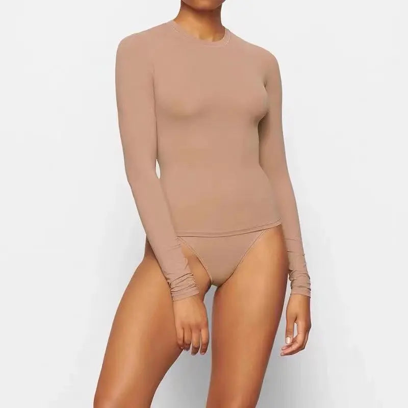 Solid Color Women's Long Sleeve Tight T-shirt High Quality Cotton Fabric Soft and Comfortable Round Neck Top - SJB-DIAMOND ELITES