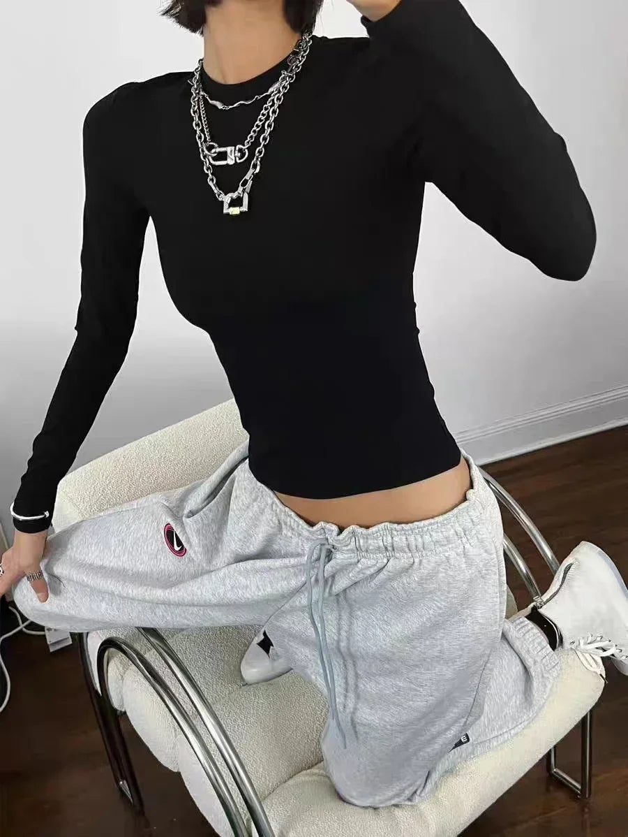 Solid Color Women's Long Sleeve Tight T-shirt High Quality Cotton Fabric Soft and Comfortable Round Neck Top - SJB-DIAMOND ELITES
