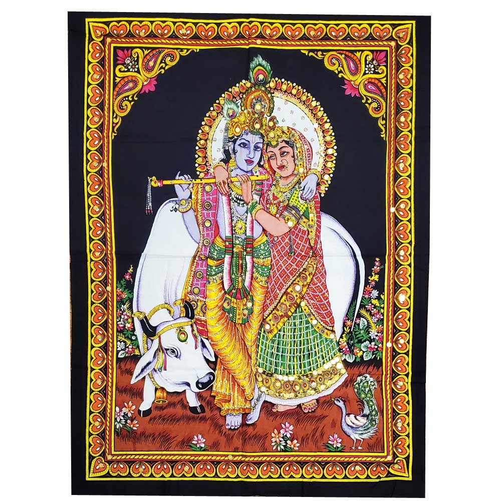 Krishna Wall Art Black Handpainted Cloth Banner Sequin BandsCo Straps