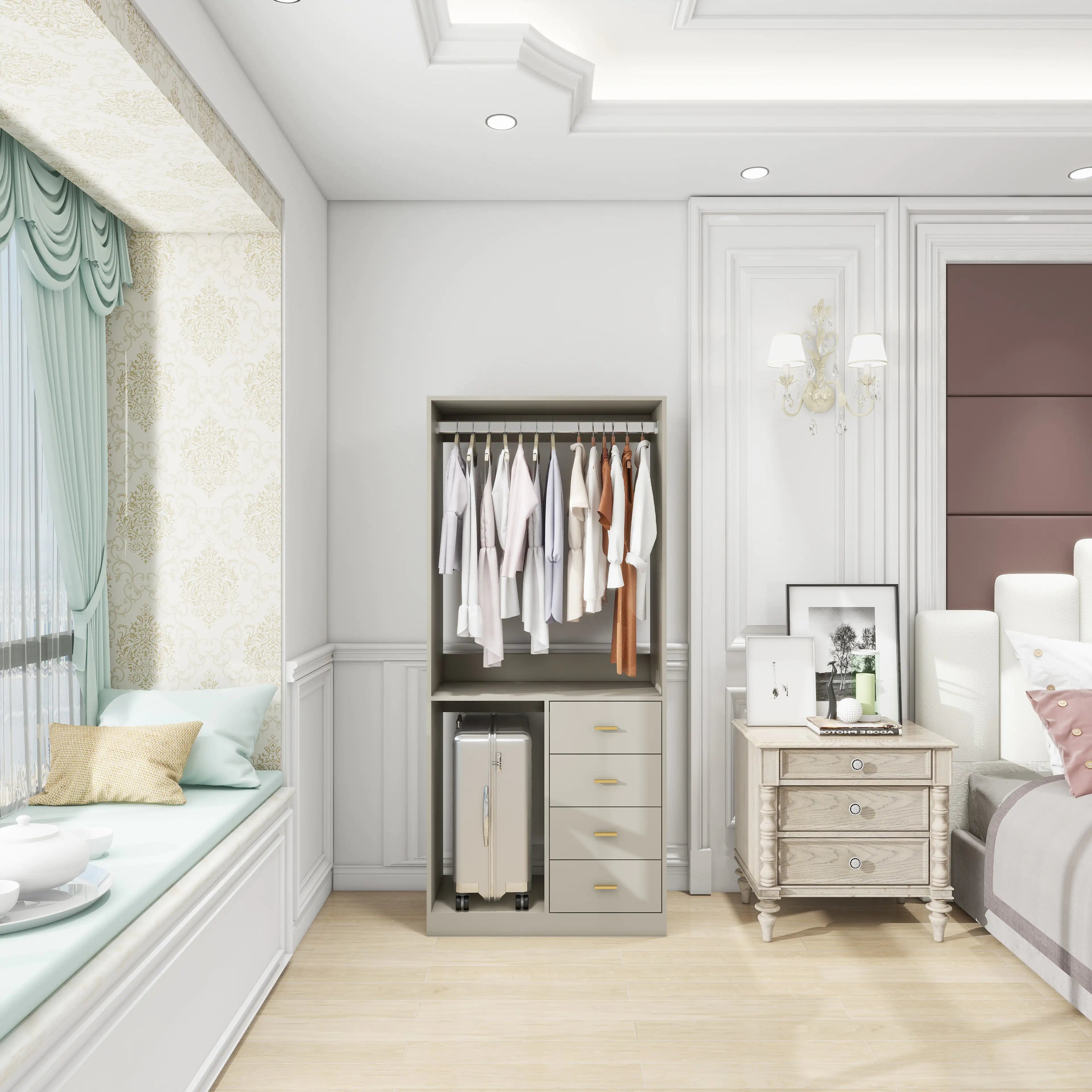 305 GreyCloset System: Walk-in Closet Organizer System with 4 Drawers Closet Kit with Shelves Hanging Rod Metal Handles Built-in Storage Organization 31.5"W x 15.7"D x 70.8"H Pi-Mart