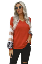 Red V Neck Lantern Sleeve Leopard Stripe Splice Long Sleeve Top - SJB-DIAMOND ELITES