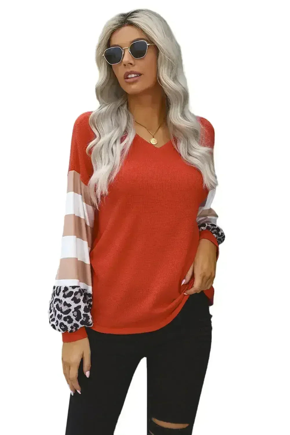 Red V Neck Lantern Sleeve Leopard Stripe Splice Long Sleeve Top - SJB-DIAMOND ELITES