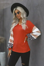 Red V Neck Lantern Sleeve Leopard Stripe Splice Long Sleeve Top - SJB-DIAMOND ELITES