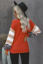 Red V Neck Lantern Sleeve Leopard Stripe Splice Long Sleeve Top - SJB-DIAMOND ELITES