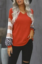 Red V Neck Lantern Sleeve Leopard Stripe Splice Long Sleeve Top - SJB-DIAMOND ELITES
