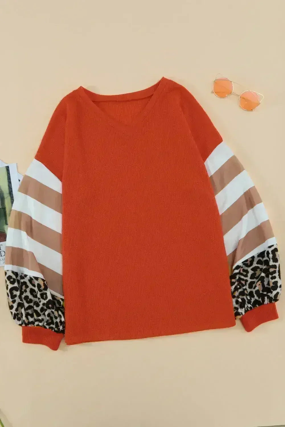 Red V Neck Lantern Sleeve Leopard Stripe Splice Long Sleeve Top - SJB-DIAMOND ELITES