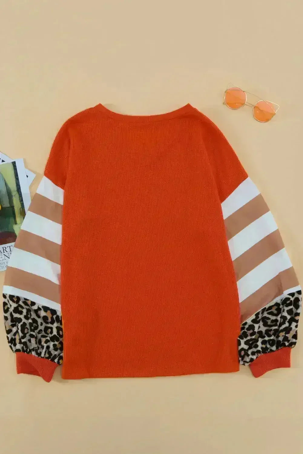 Red V Neck Lantern Sleeve Leopard Stripe Splice Long Sleeve Top - SJB-DIAMOND ELITES