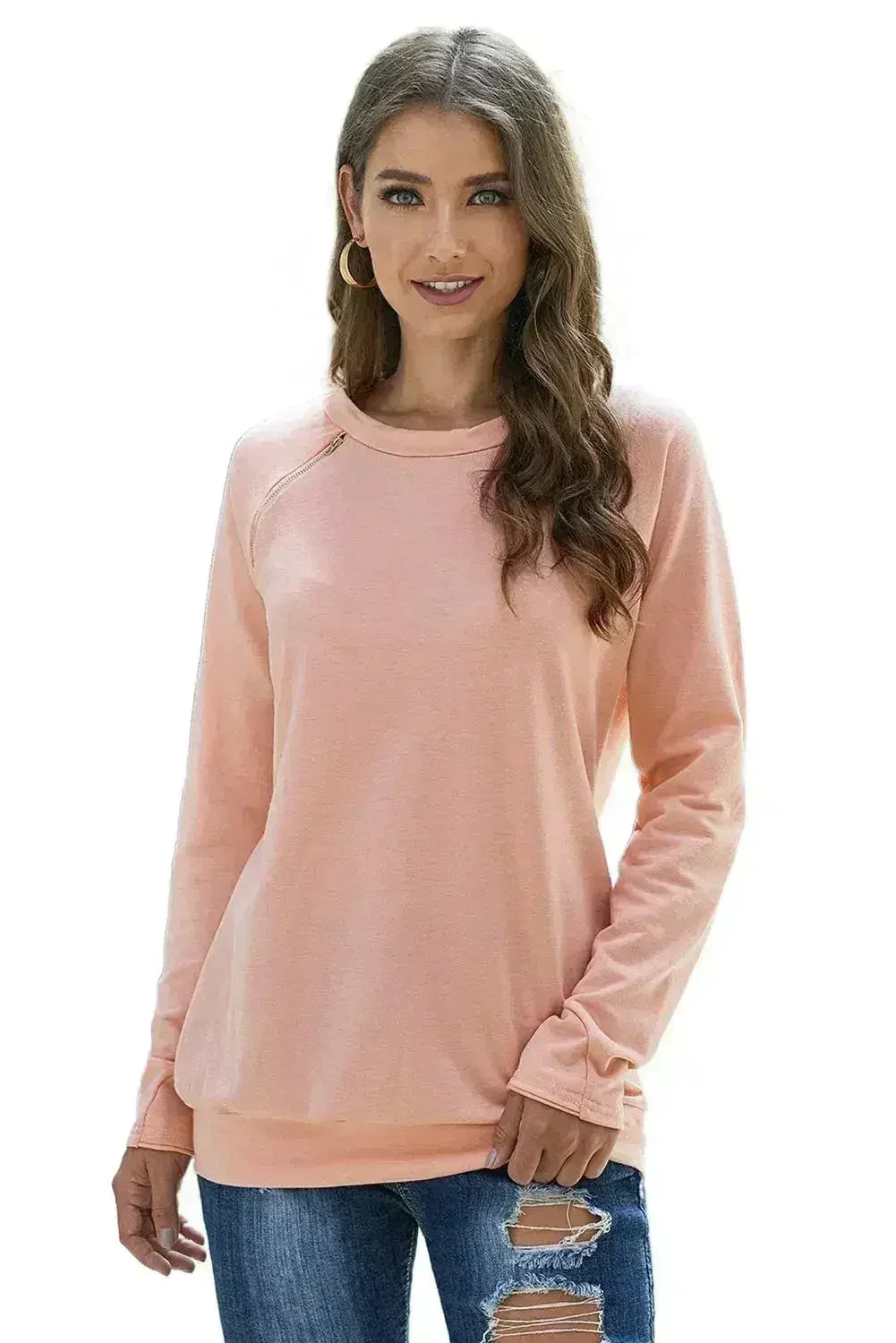 Women Gold Zip Detail Pink Pullover Sweatshirt - SJB-DIAMOND ELITES