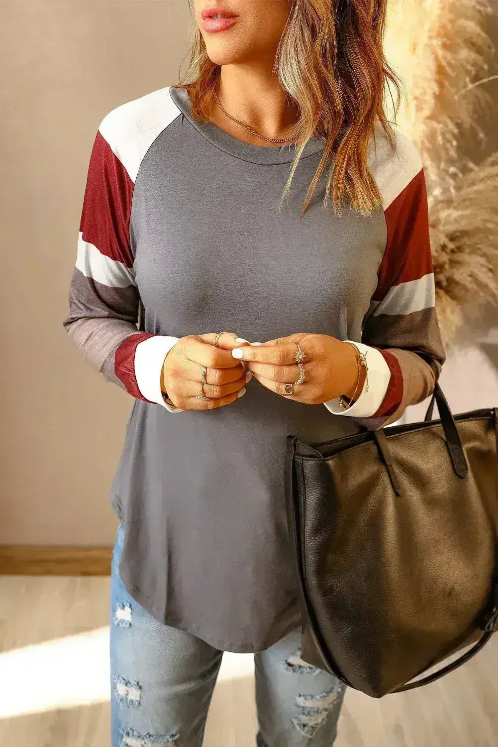 Womens Color Block Long Sleeves Gray Pullover Top - SJB-DIAMOND ELITES
