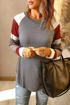 Womens Color Block Long Sleeves Gray Pullover Top - SJB-DIAMOND ELITES