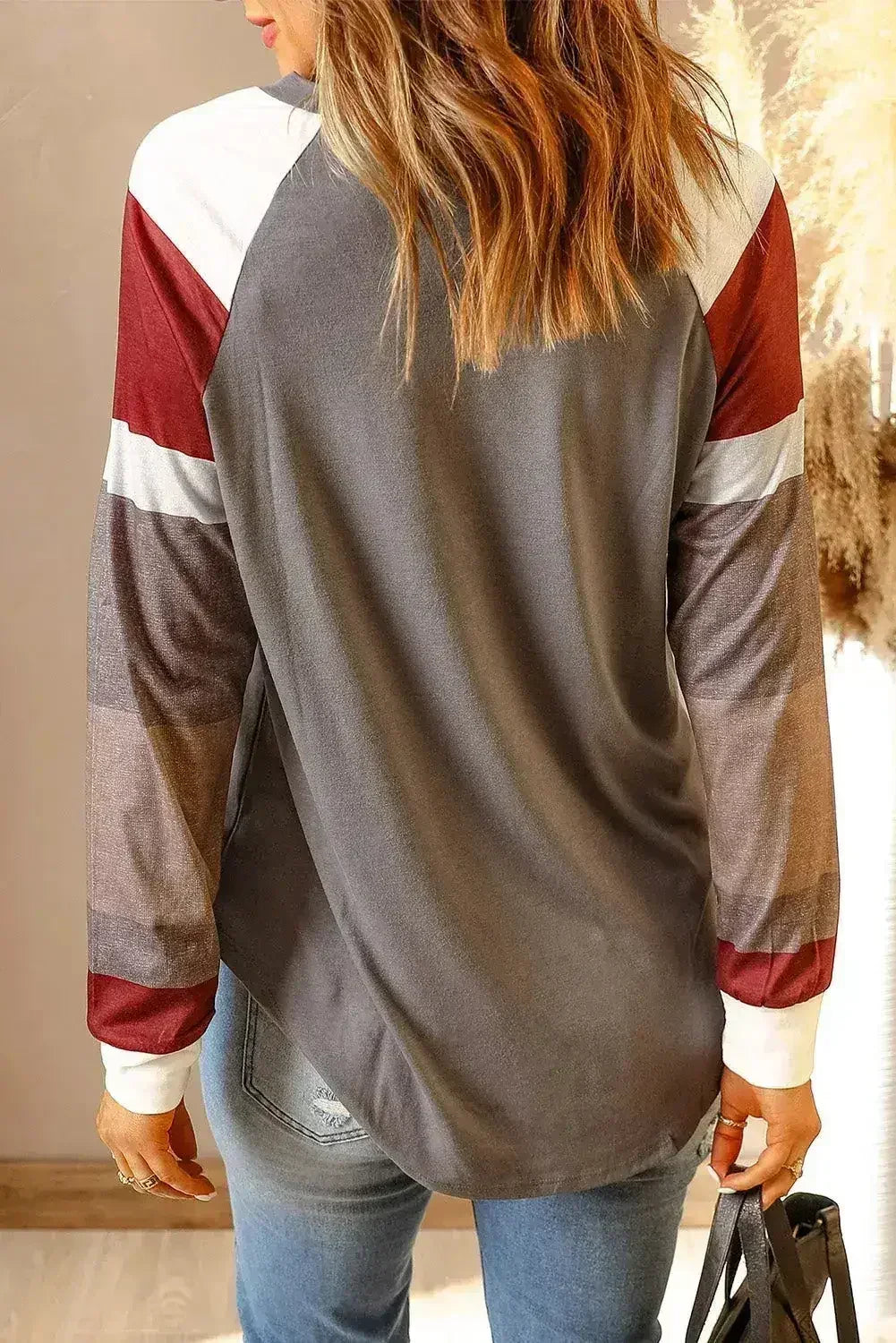 Womens Color Block Long Sleeves Gray Pullover Top - SJB-DIAMOND ELITES