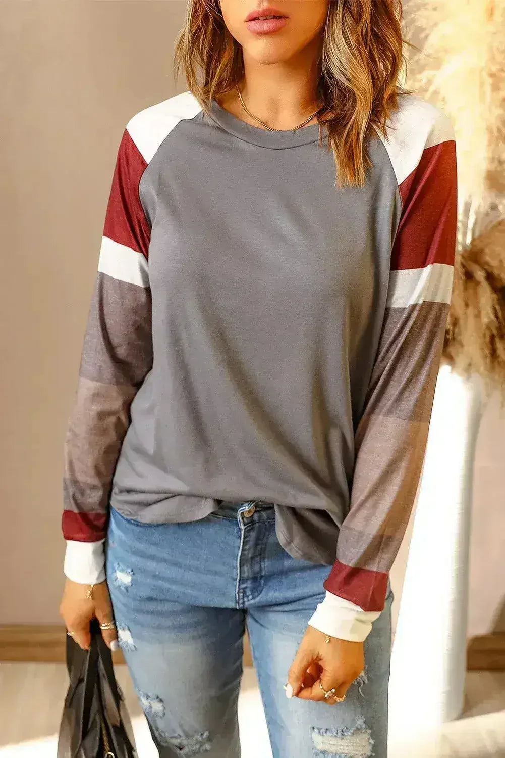 Womens Color Block Long Sleeves Gray Pullover Top - SJB-DIAMOND ELITES