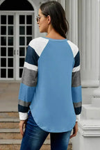 Womens Color Block Long Sleeves Blue Pullover Top - SJB-DIAMOND ELITES