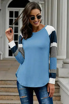 Womens Color Block Long Sleeves Blue Pullover Top - SJB-DIAMOND ELITES