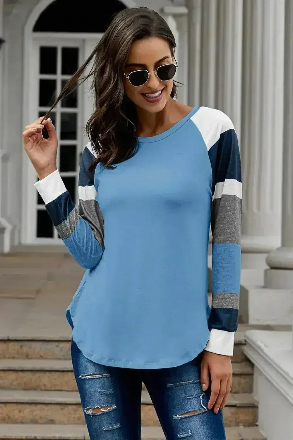 Womens Color Block Long Sleeves Blue Pullover Top - SJB-DIAMOND ELITES