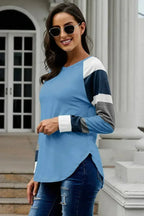 Womens Color Block Long Sleeves Blue Pullover Top - SJB-DIAMOND ELITES