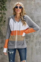 Womens Zipped Front Gray Colorblock Hollow-out Knit Hoodie - SJB-DIAMOND ELITES