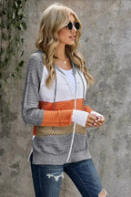 Womens Zipped Front Gray Colorblock Hollow-out Knit Hoodie - SJB-DIAMOND ELITES