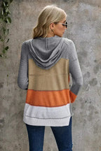 Womens Zipped Front Gray Colorblock Hollow-out Knit Hoodie - SJB-DIAMOND ELITES