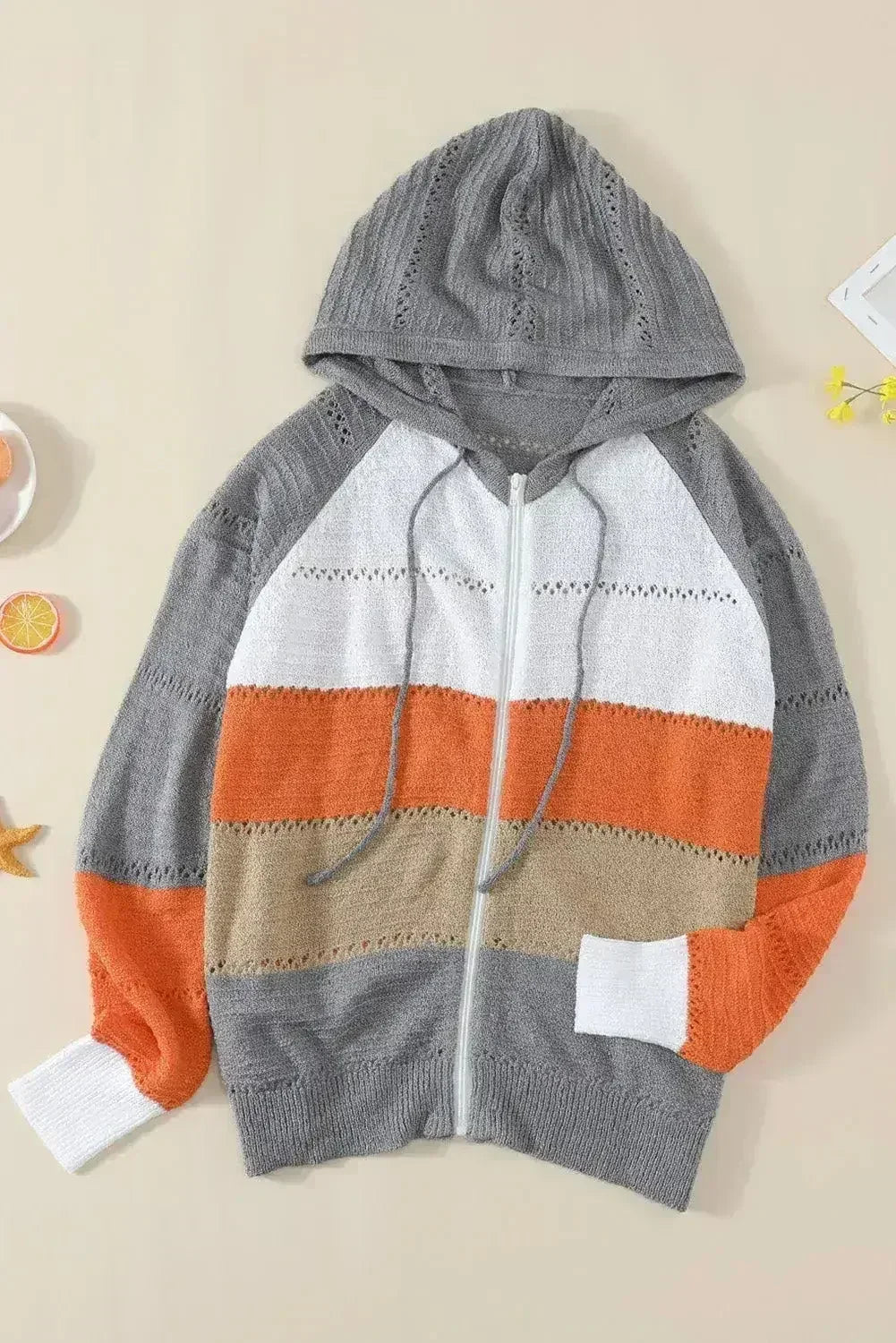Womens Zipped Front Gray Colorblock Hollow-out Knit Hoodie - SJB-DIAMOND ELITES