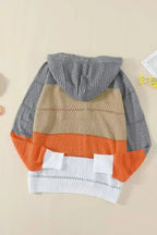Womens Zipped Front Gray Colorblock Hollow-out Knit Hoodie - SJB-DIAMOND ELITES