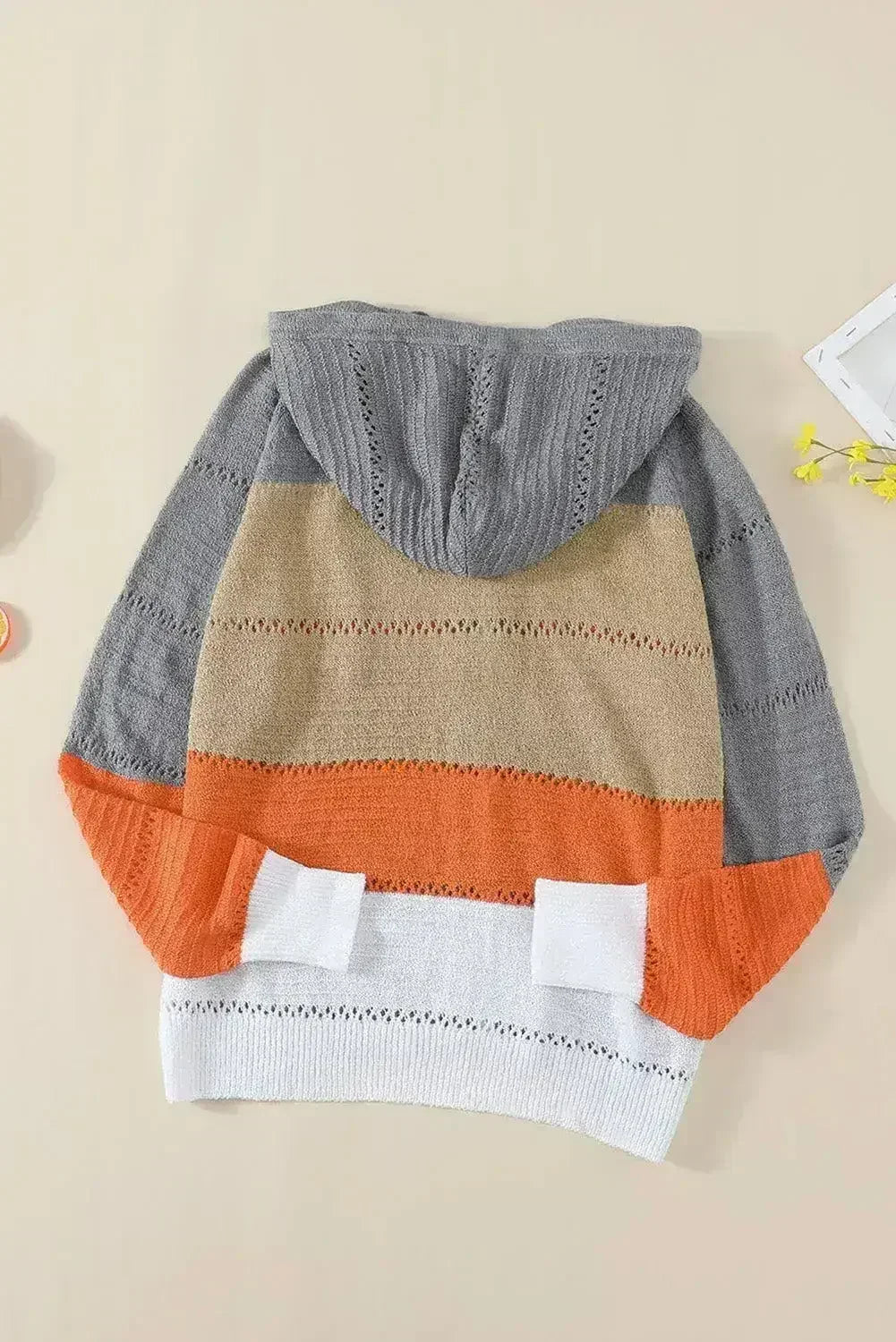 Womens Zipped Front Gray Colorblock Hollow-out Knit Hoodie - SJB-DIAMOND ELITES