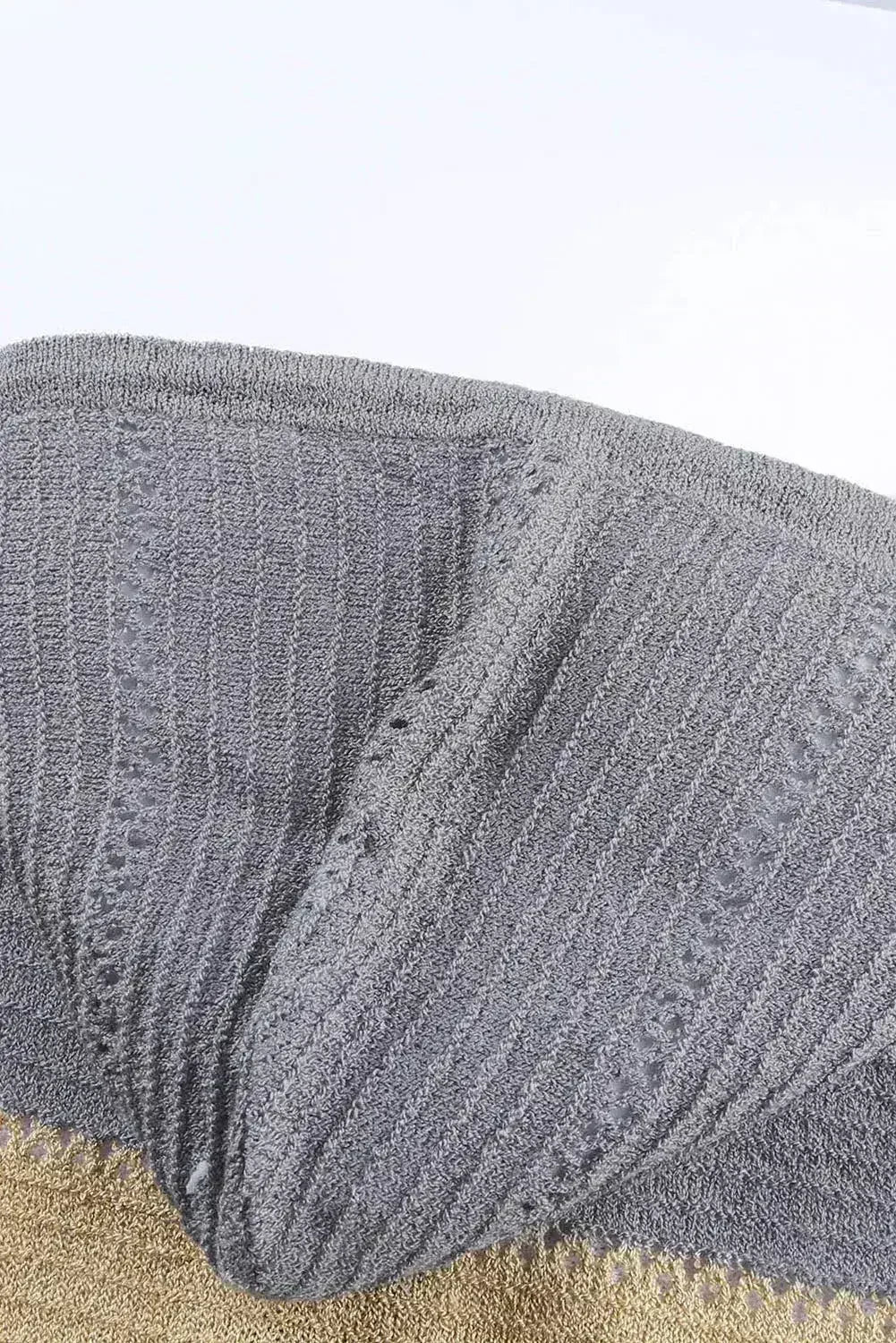 Womens Zipped Front Gray Colorblock Hollow-out Knit Hoodie - SJB-DIAMOND ELITES