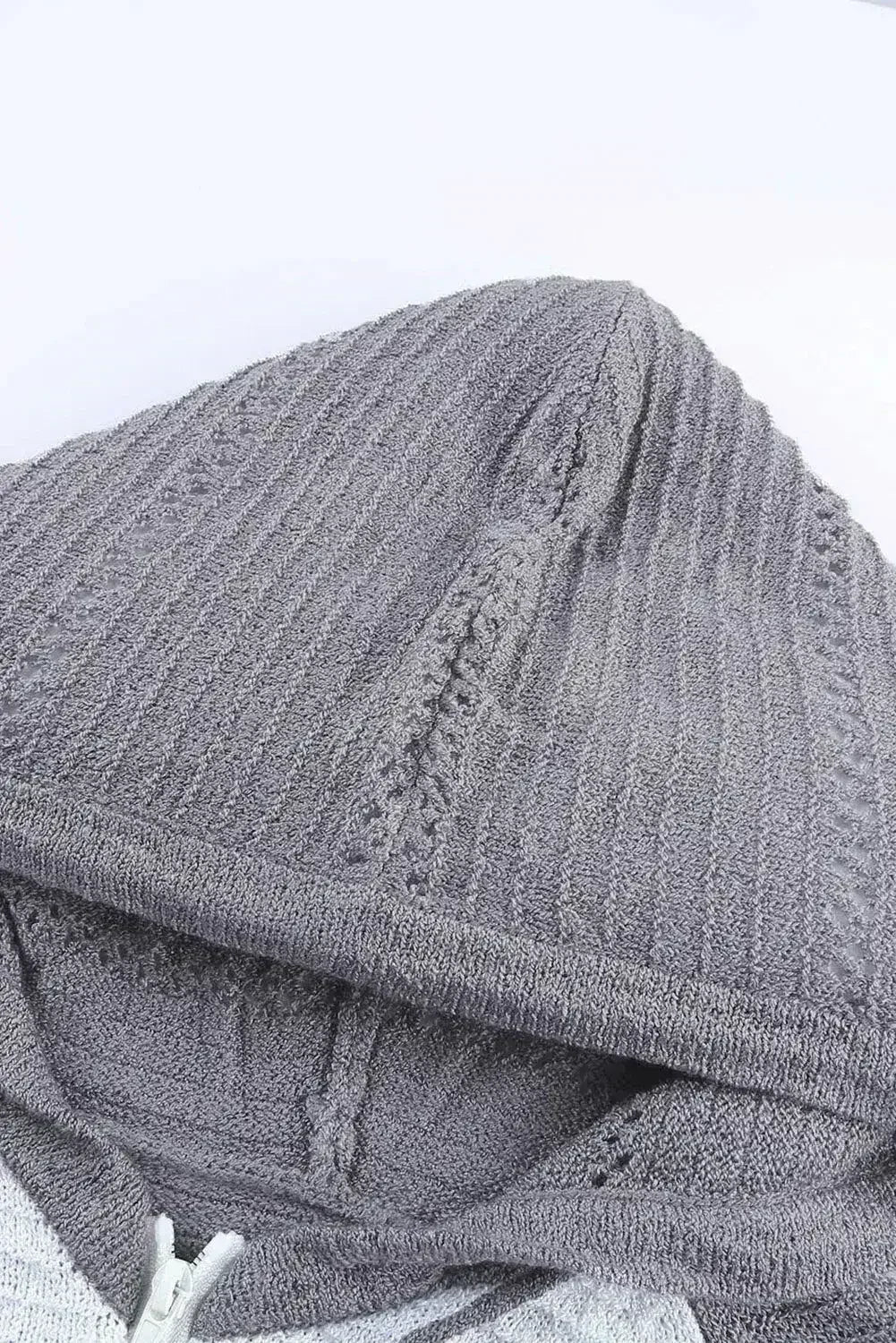 Womens Zipped Front Gray Colorblock Hollow-out Knit Hoodie - SJB-DIAMOND ELITES