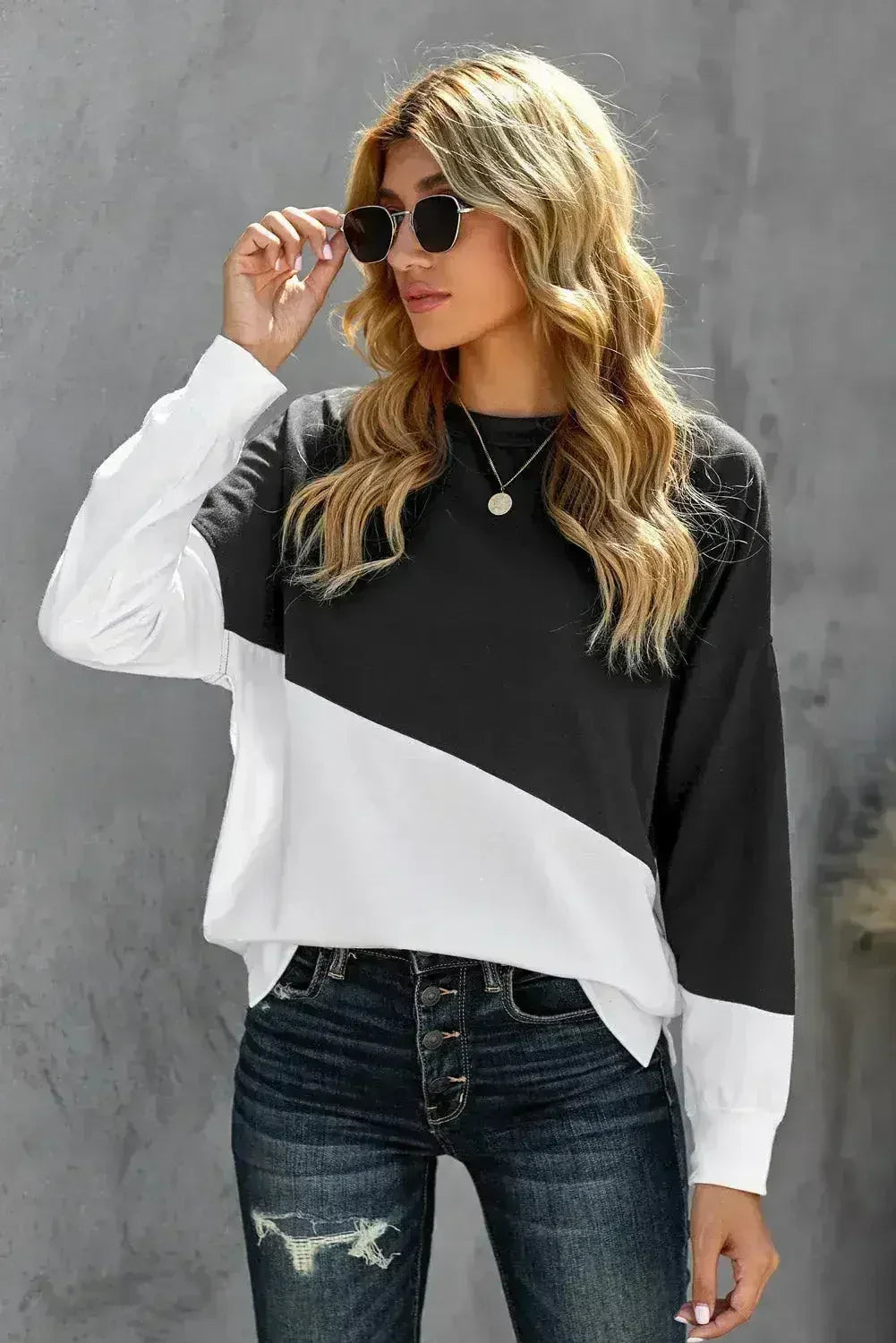 Black White Patchwork Dropped Shoulder Sleeve Sweatshirt - SJB-DIAMOND ELITES