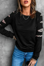 Womens Leopard Insert Long Sleeve Black Sweatshirt - SJB-DIAMOND ELITES