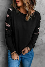 Womens Leopard Insert Long Sleeve Black Sweatshirt - SJB-DIAMOND ELITES