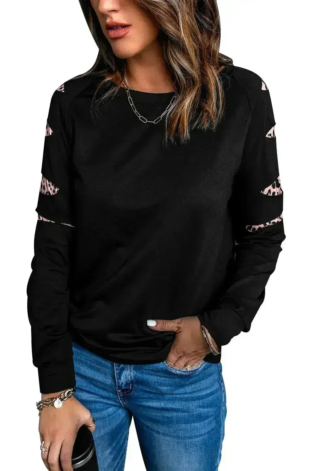 Womens Leopard Insert Long Sleeve Black Sweatshirt - SJB-DIAMOND ELITES