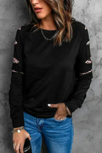 Womens Leopard Insert Long Sleeve Black Sweatshirt - SJB-DIAMOND ELITES