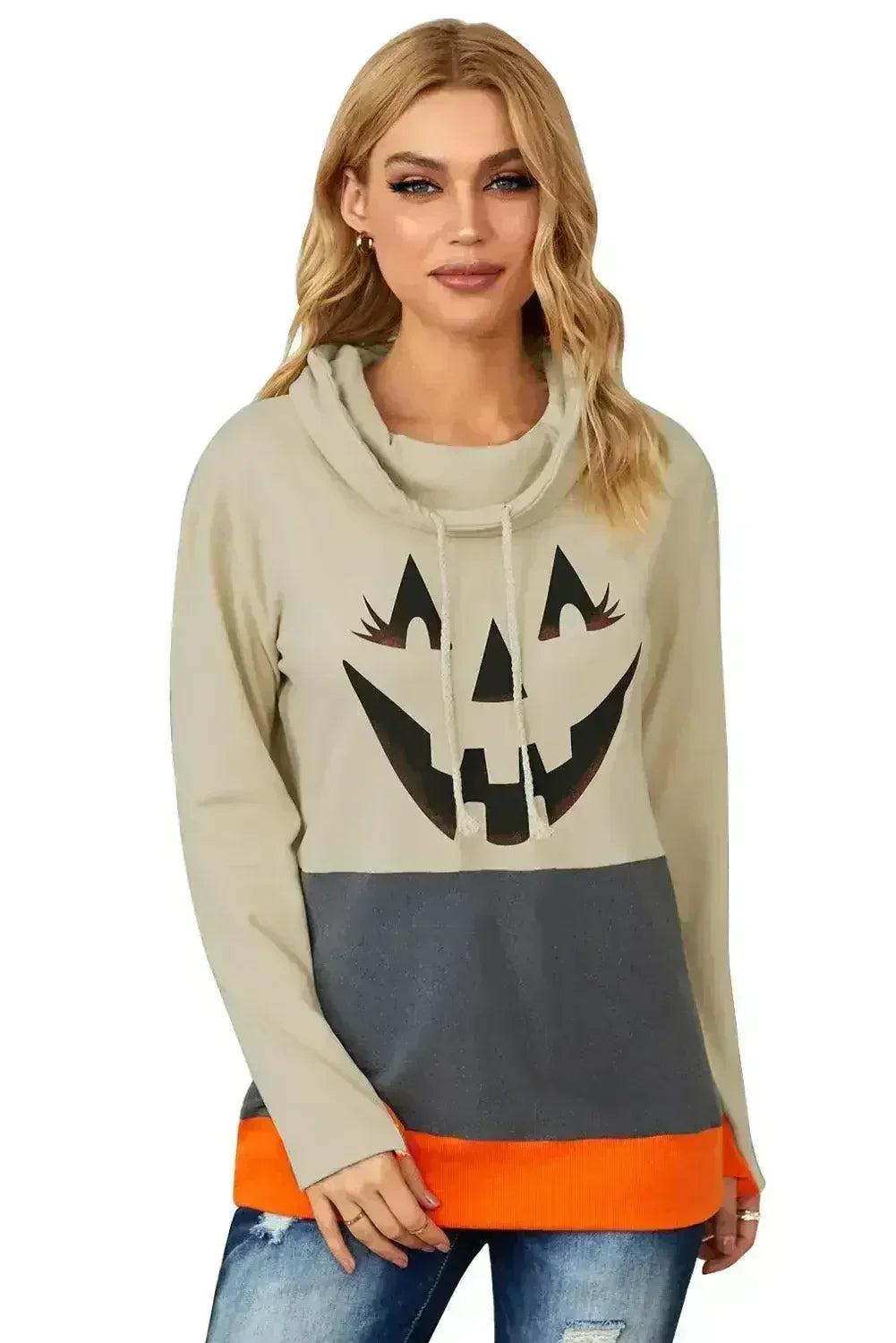 Gray Cowl Neck Pumpkin Print Color Block Halloween Sweatshirt - SJB-DIAMOND ELITES