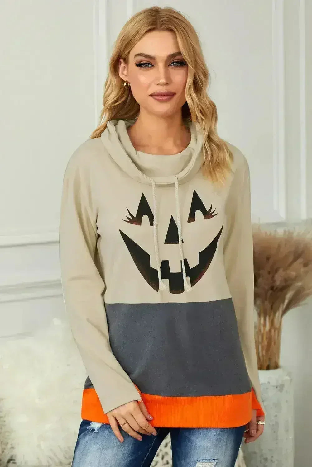 Gray Cowl Neck Pumpkin Print Color Block Halloween Sweatshirt - SJB-DIAMOND ELITES