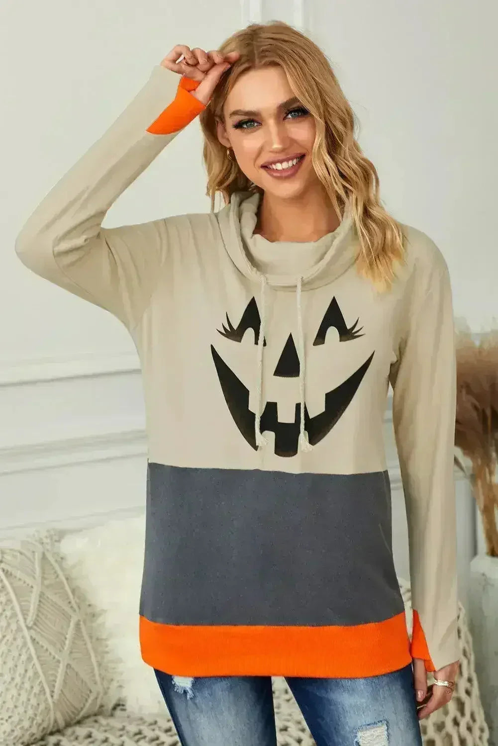 Gray Cowl Neck Pumpkin Print Color Block Halloween Sweatshirt - SJB-DIAMOND ELITES