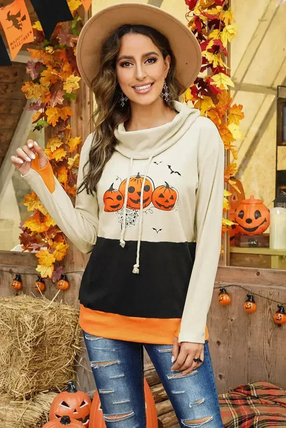 Cowl Neck Pumpkin Print Color Block Halloween Sweatshirt - SJB-DIAMOND ELITES