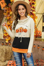 Cowl Neck Pumpkin Print Color Block Halloween Sweatshirt - SJB-DIAMOND ELITES