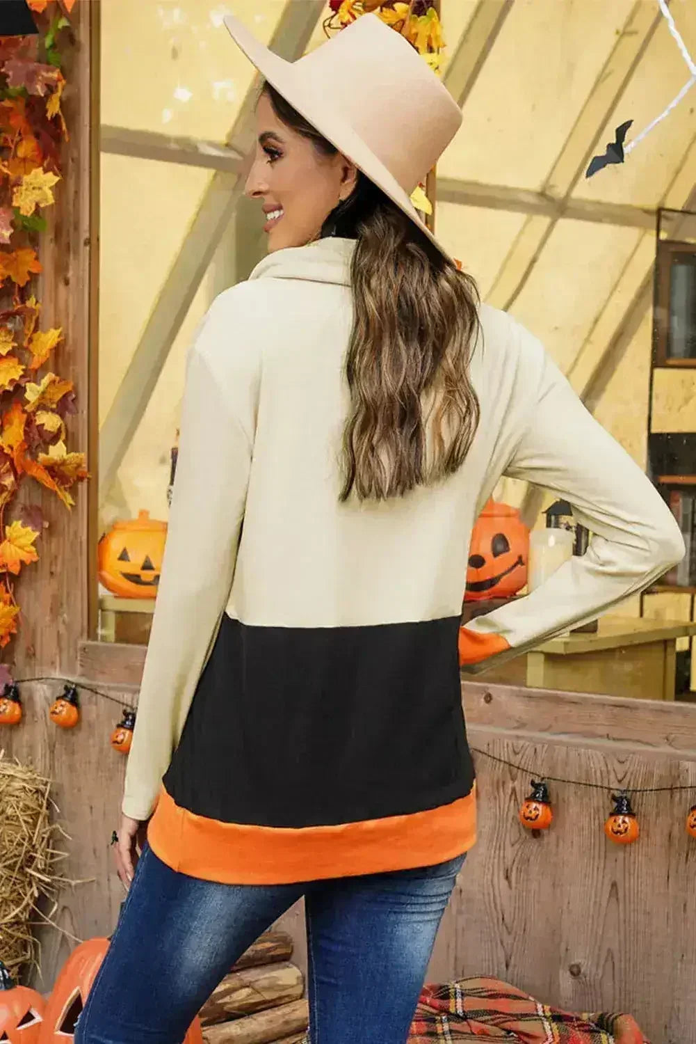 Cowl Neck Pumpkin Print Color Block Halloween Sweatshirt - SJB-DIAMOND ELITES