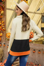 Cowl Neck Pumpkin Print Color Block Halloween Sweatshirt - SJB-DIAMOND ELITES