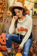 Cowl Neck Pumpkin Print Color Block Halloween Sweatshirt - SJB-DIAMOND ELITES