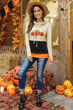 Cowl Neck Pumpkin Print Color Block Halloween Sweatshirt - SJB-DIAMOND ELITES