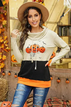 Cowl Neck Pumpkin Print Color Block Halloween Sweatshirt - SJB-DIAMOND ELITES