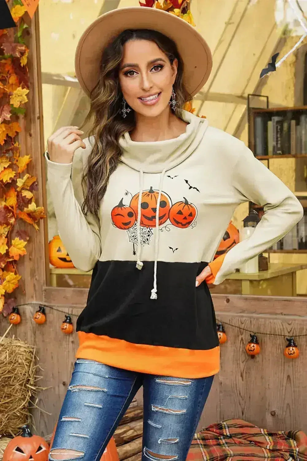 Cowl Neck Pumpkin Print Color Block Halloween Sweatshirt - SJB-DIAMOND ELITES