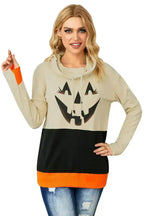 Cute Black Cowl Neck Pumpkin Print Color Block Halloween Sweatshirt - SJB-DIAMOND ELITES