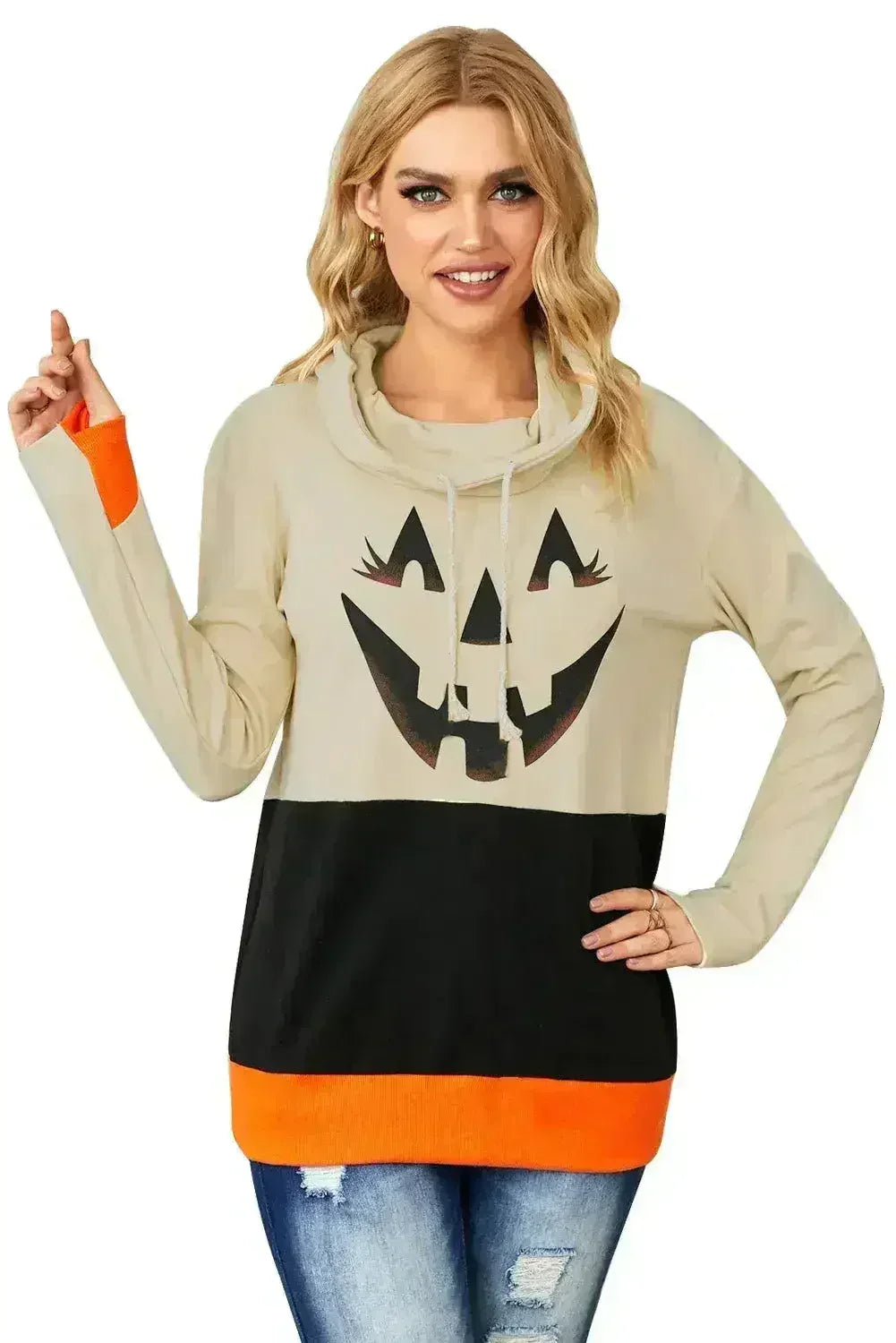Cute Black Cowl Neck Pumpkin Print Color Block Halloween Sweatshirt - SJB-DIAMOND ELITES