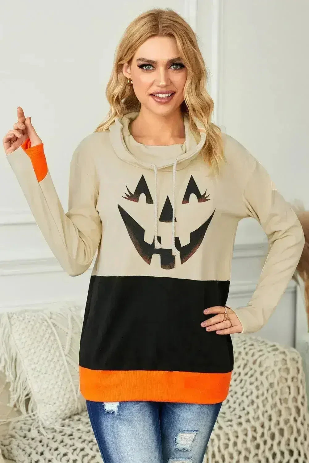 Cute Black Cowl Neck Pumpkin Print Color Block Halloween Sweatshirt - SJB-DIAMOND ELITES